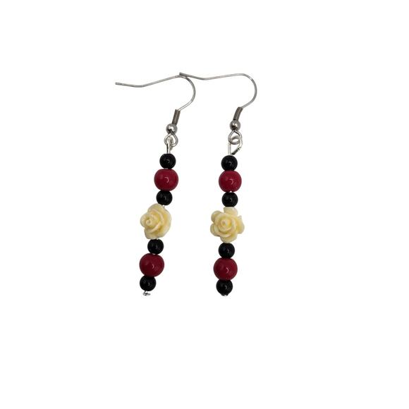 Handmade Cream Carved Rose, Black Amethyst & Red Coral Dangle Earrings 2.5" - Picture 9 of 9